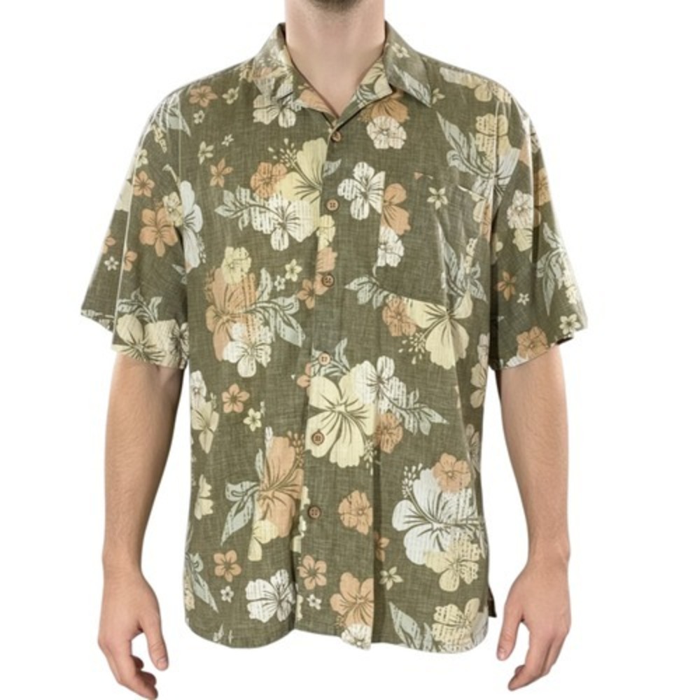 Ocean Pacific Hawaiian Aloha Shirt XL Flowers Pale Olive Yellow Orange Cotton